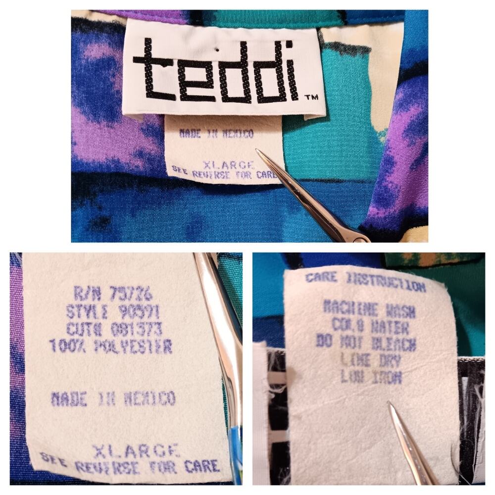 VINTAGE TEDDI 80s 90s Satin Blouse Top Shirt No Wrinkle XL Colorful Geometric - Picture 5 of 7